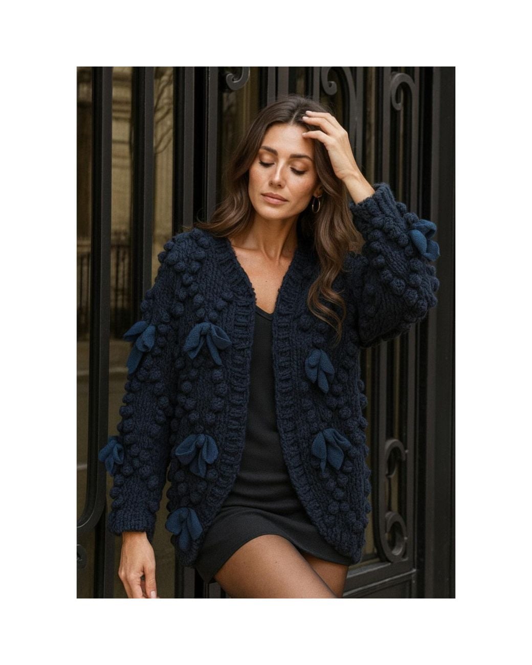 Saachi Blue Textured Bow Cardigan Sweater