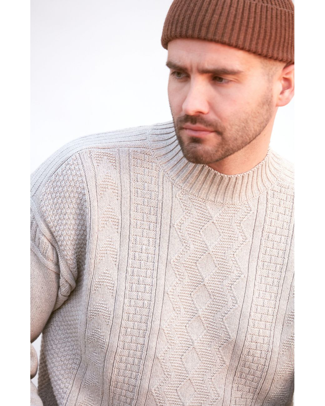 Paul James Knitwear Gray Midweight Cotton Cromer Mock Neck Gansey Jumper for men