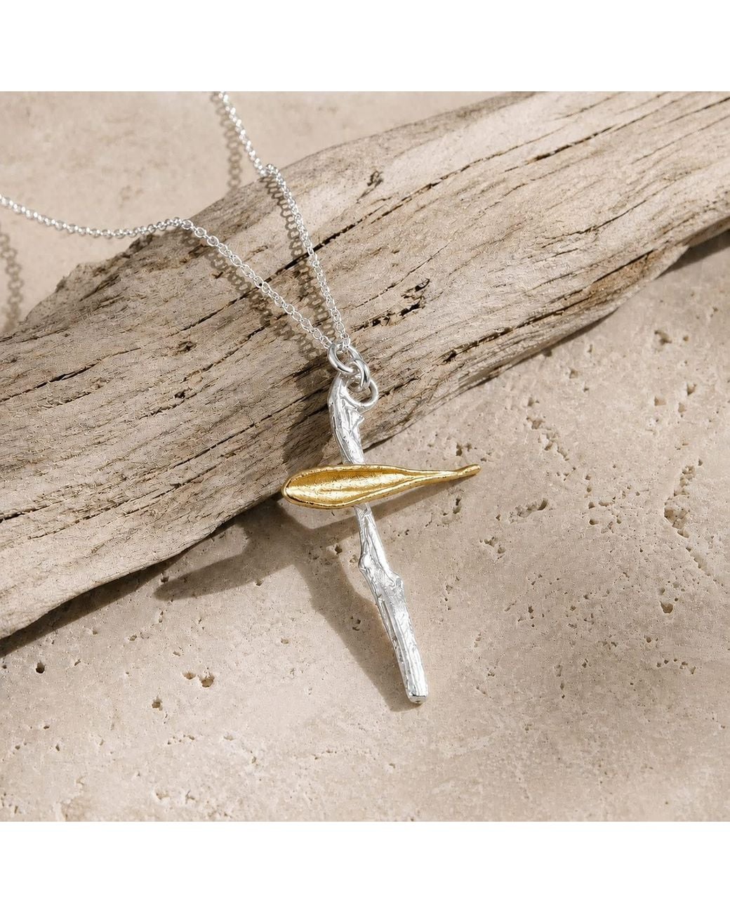 Mother Nature Jewelry Metallic Two-Tone Cross Necklace, & Leaf Pendant