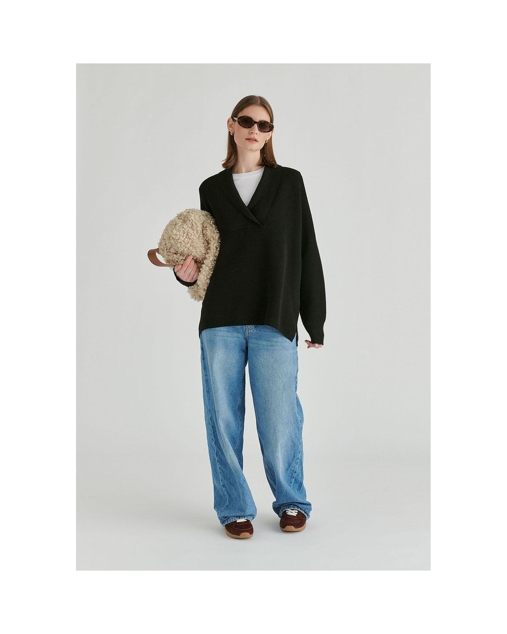 Paisie Black Shawl Collar Ribbed Jumper