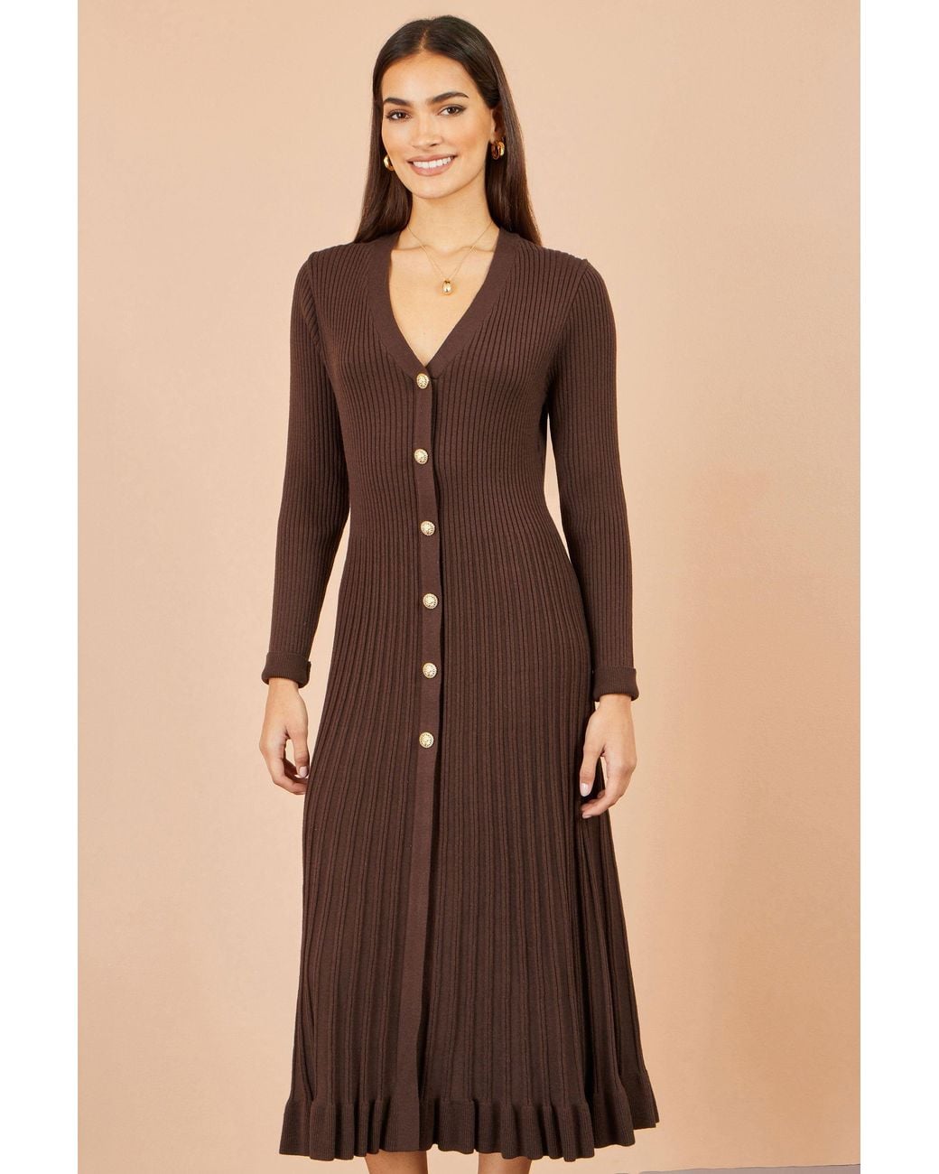 Yumi' Brown Viscose Knitted Midi Ribbed Dress