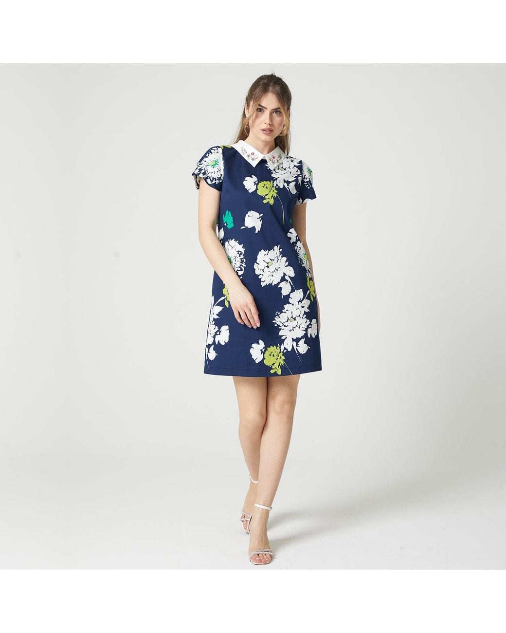 Lalipop Design Blue A-Line Mini Dress With Bead Embroidered Collar