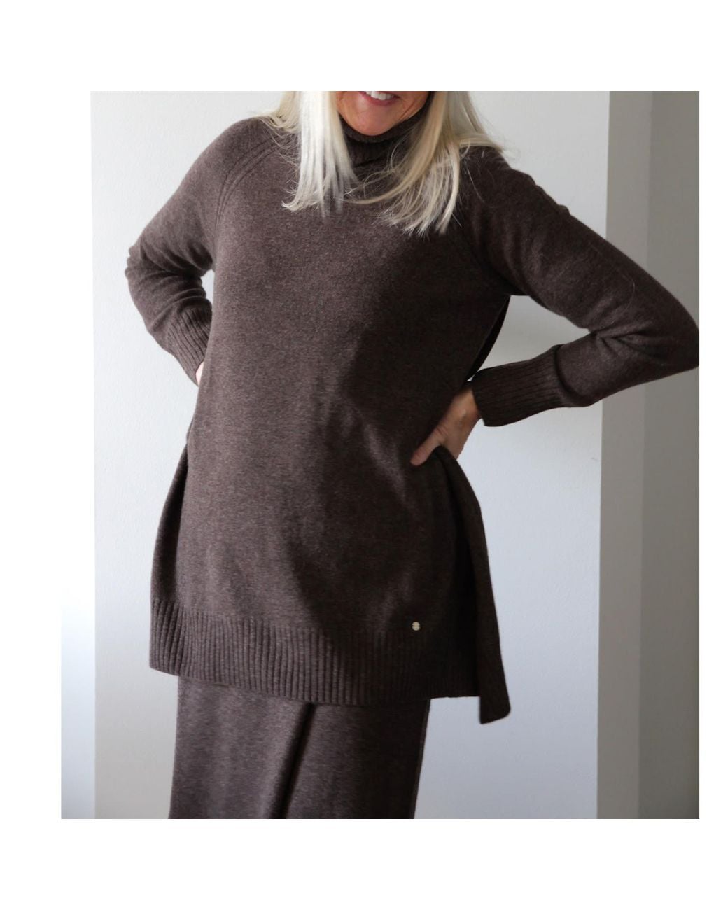 tirillm Brown Abby A Line Long Turtle Neck Pullover, Dark Melange