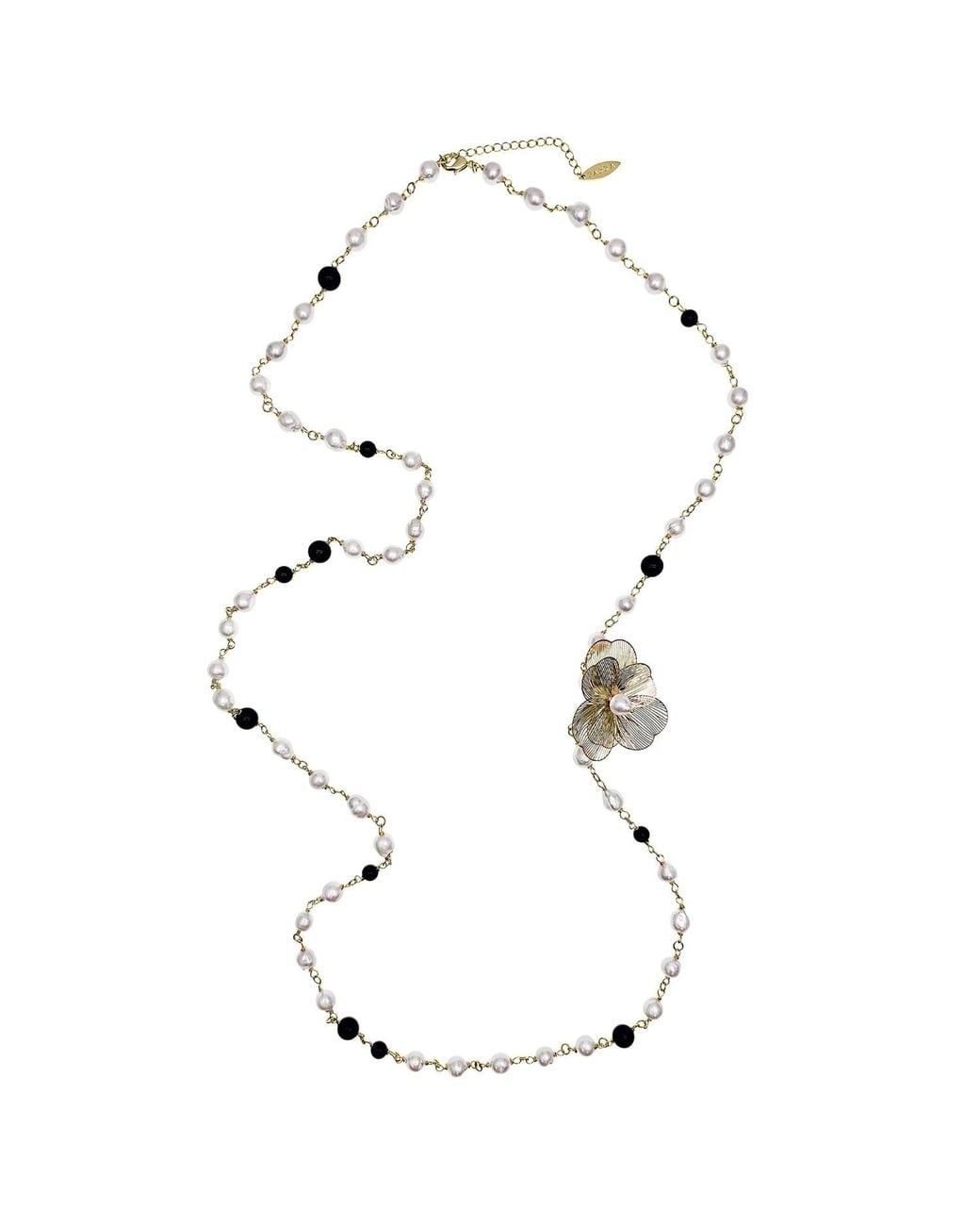 Farra White Freshwater Pearls And Obsidian With Flower Charm Long Necklace