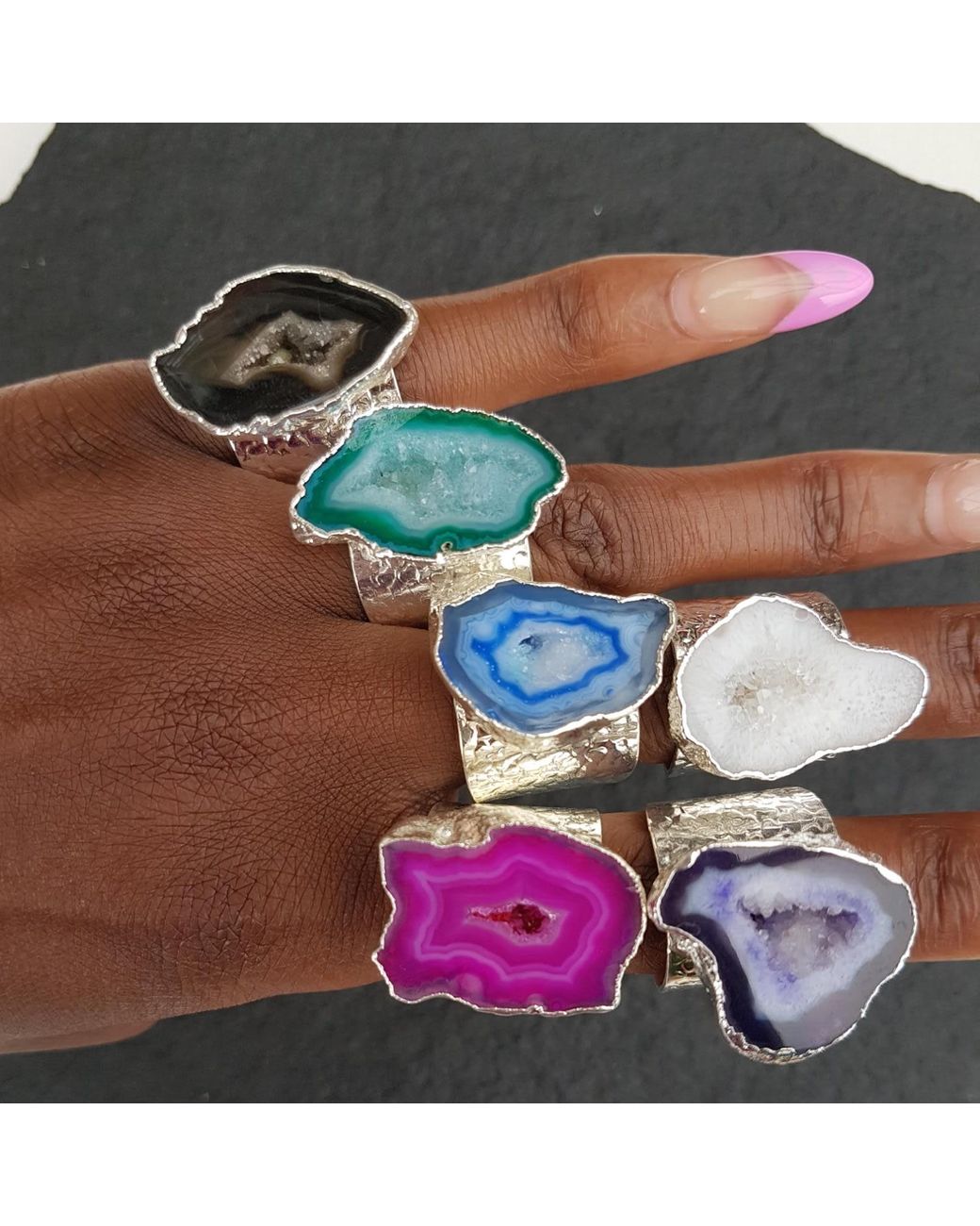 YAA YAA LONDON Black Mega Gemstone Silver Statement Ring