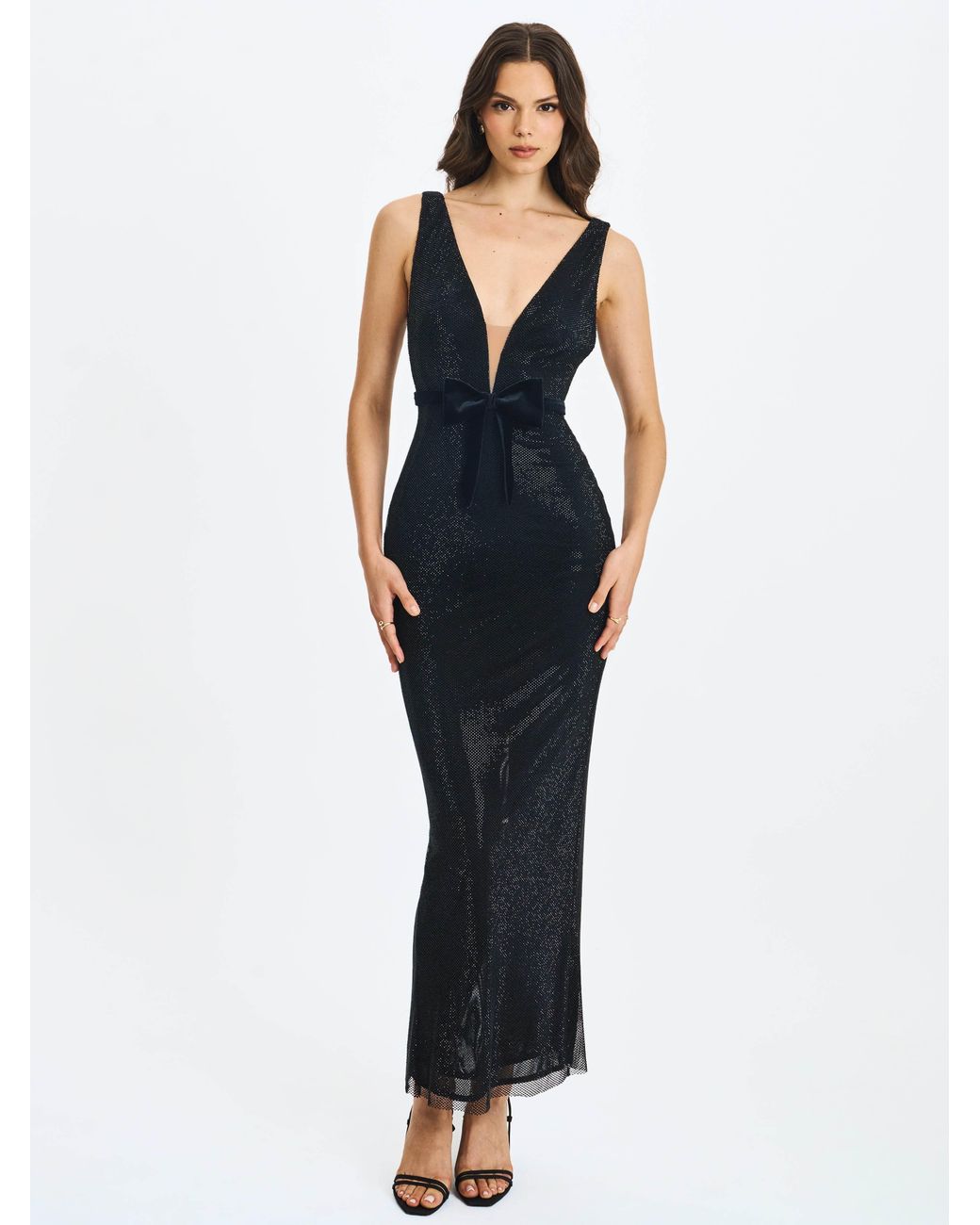 Miss Circle New York Black Olympia Belted Bow Plunging Rhinestone Maxi Dress