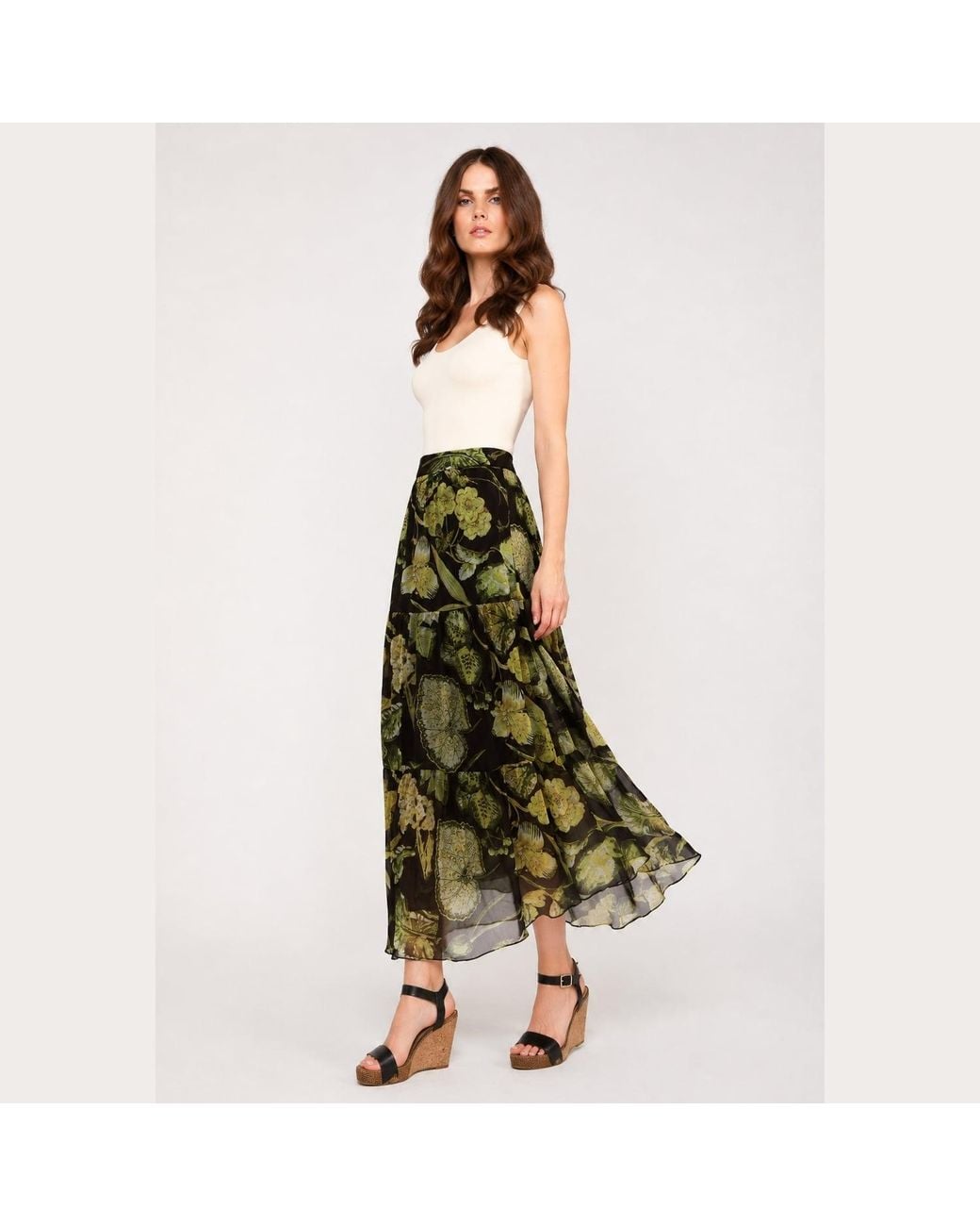 Conquista Green Floral Print Sheer Tiered Skirt – Semi-Maxi Length, Elastic Waist