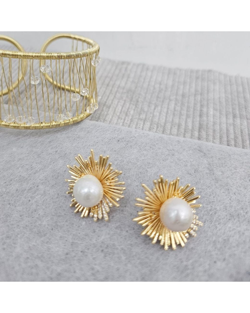 Farra Metallic Tone Freshwater Pearl Sunburst Statement Stud Earrings