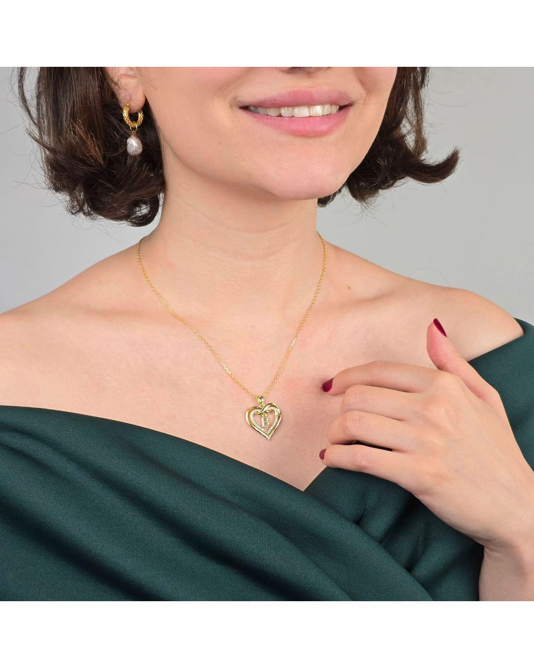 Harfi Metallic Statement Love Heart Initial Necklace Plated Charm Necklace