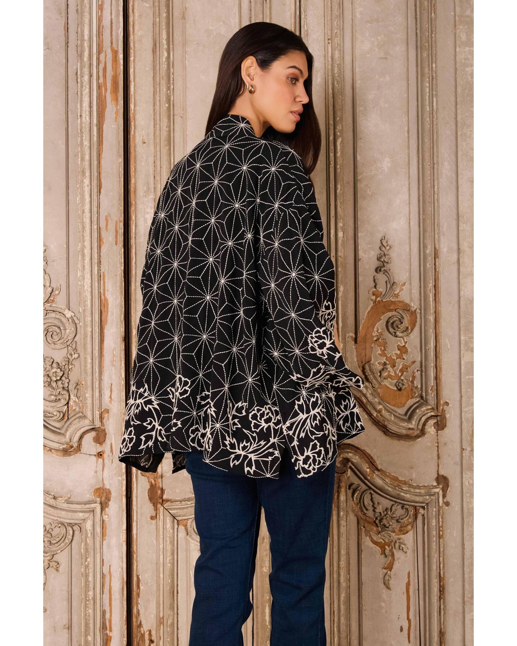 Artemis Muse Black Asanoha & Peony Embroidered & Ivory Fully Lined Short Kimono