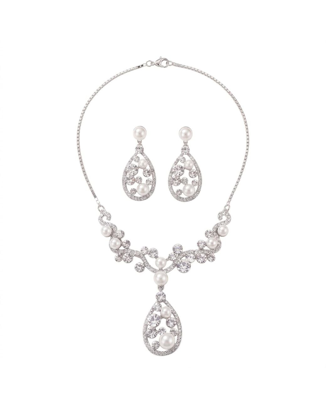 Modenaire Metallic Elegant Pearl And Crystal Teardrop Necklace Set