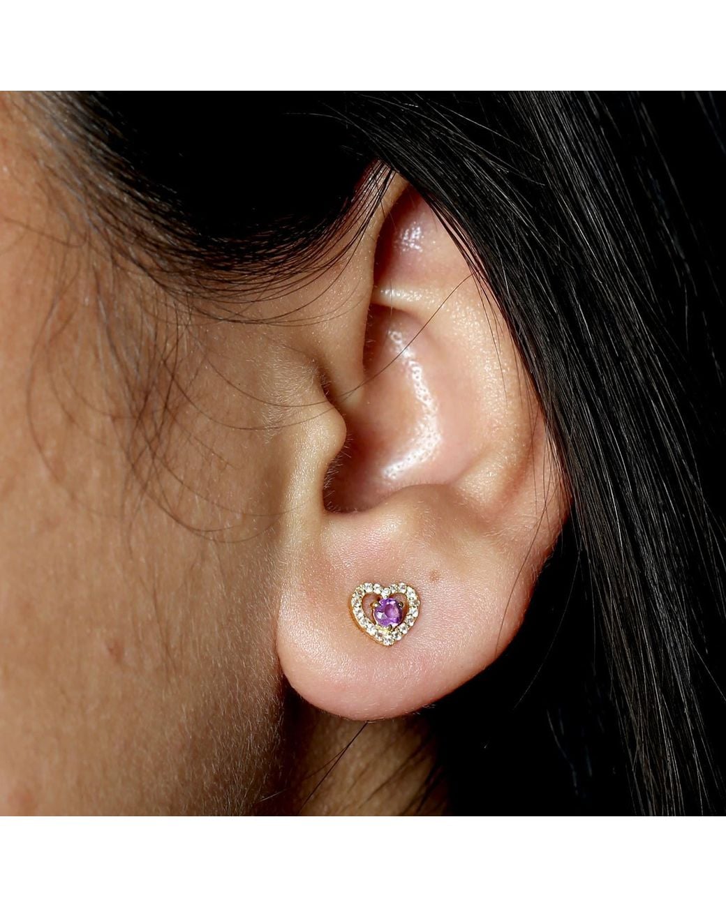 Artisan Metallic Yellow Gold Heart Stud Earrings Amethyst Topaz Gemstone
