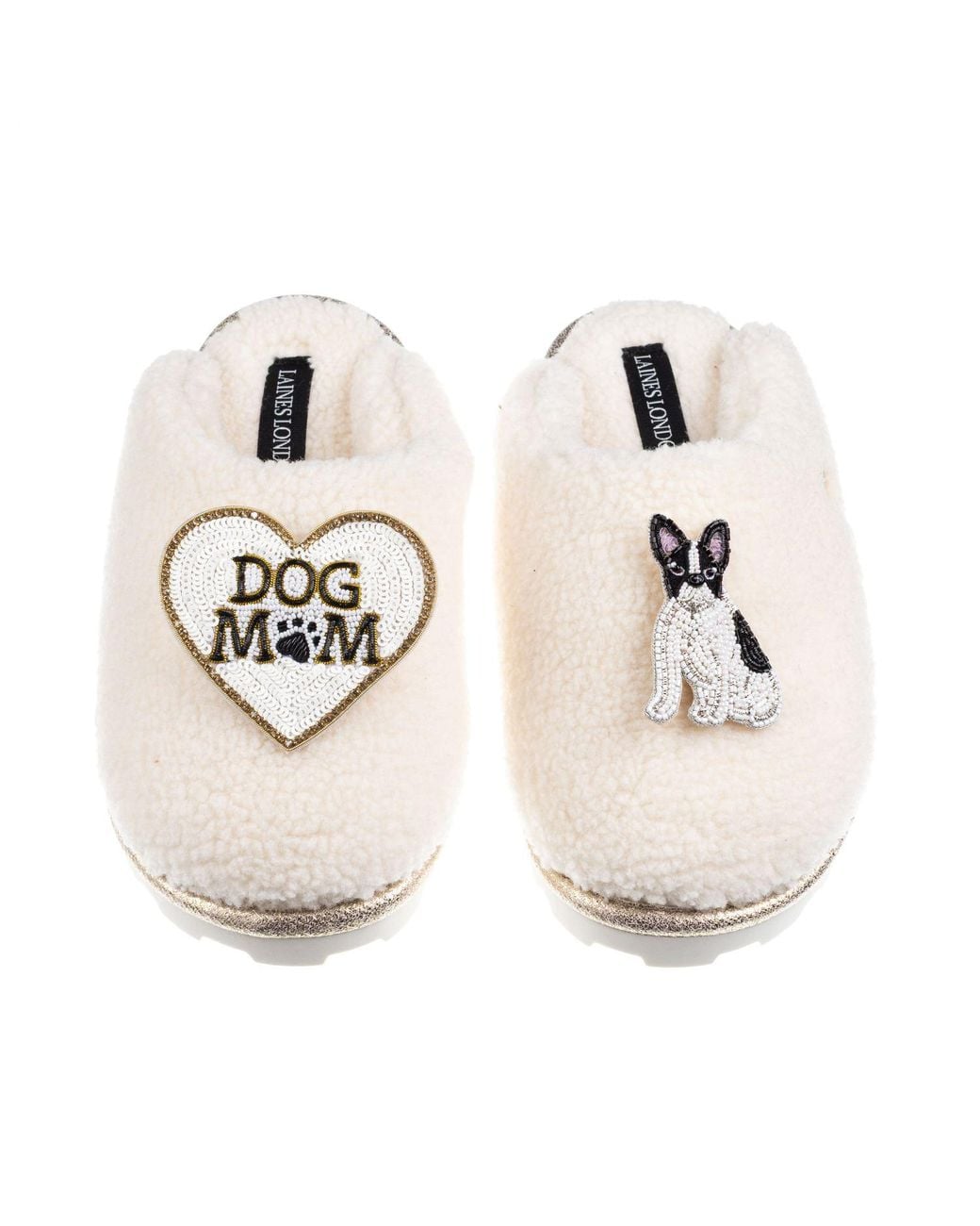 Laines London White Neutrals Teddy Closed Toe Slippers With Dog Mum/Mom & Sitting French Bulldog