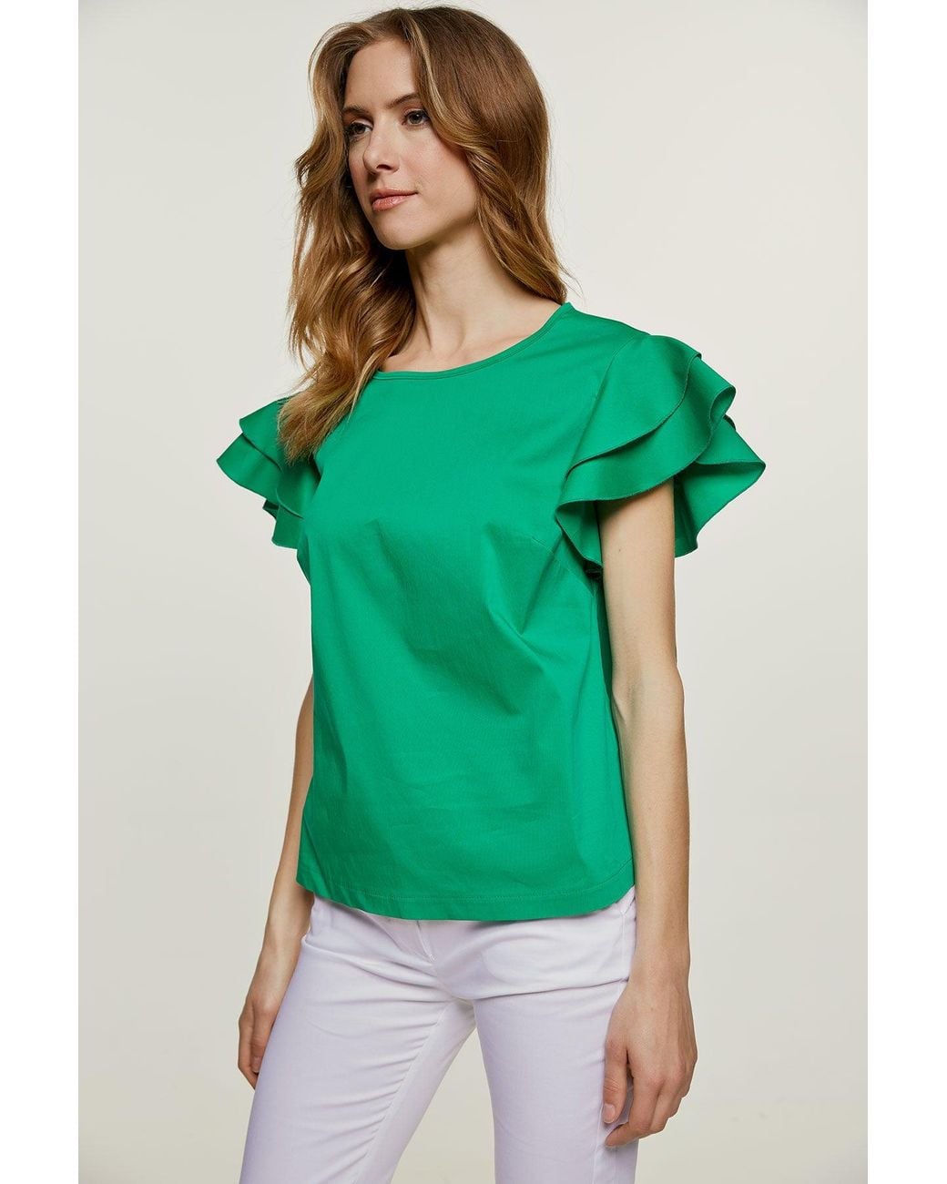 Conquista Green Sleeveless Frill Detail Cotton Poplin Top