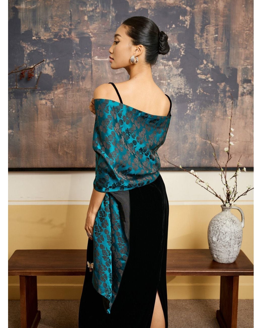 Silk and Bears Blue Reversible Jacquard Silk Evening Shawl — Soirée Collection