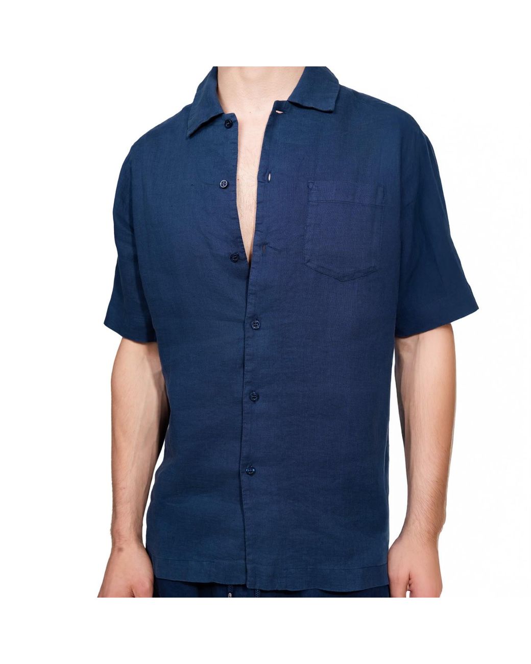 Maison Tangerine Blue Deep Linen Short Sleeve Shirt For for men