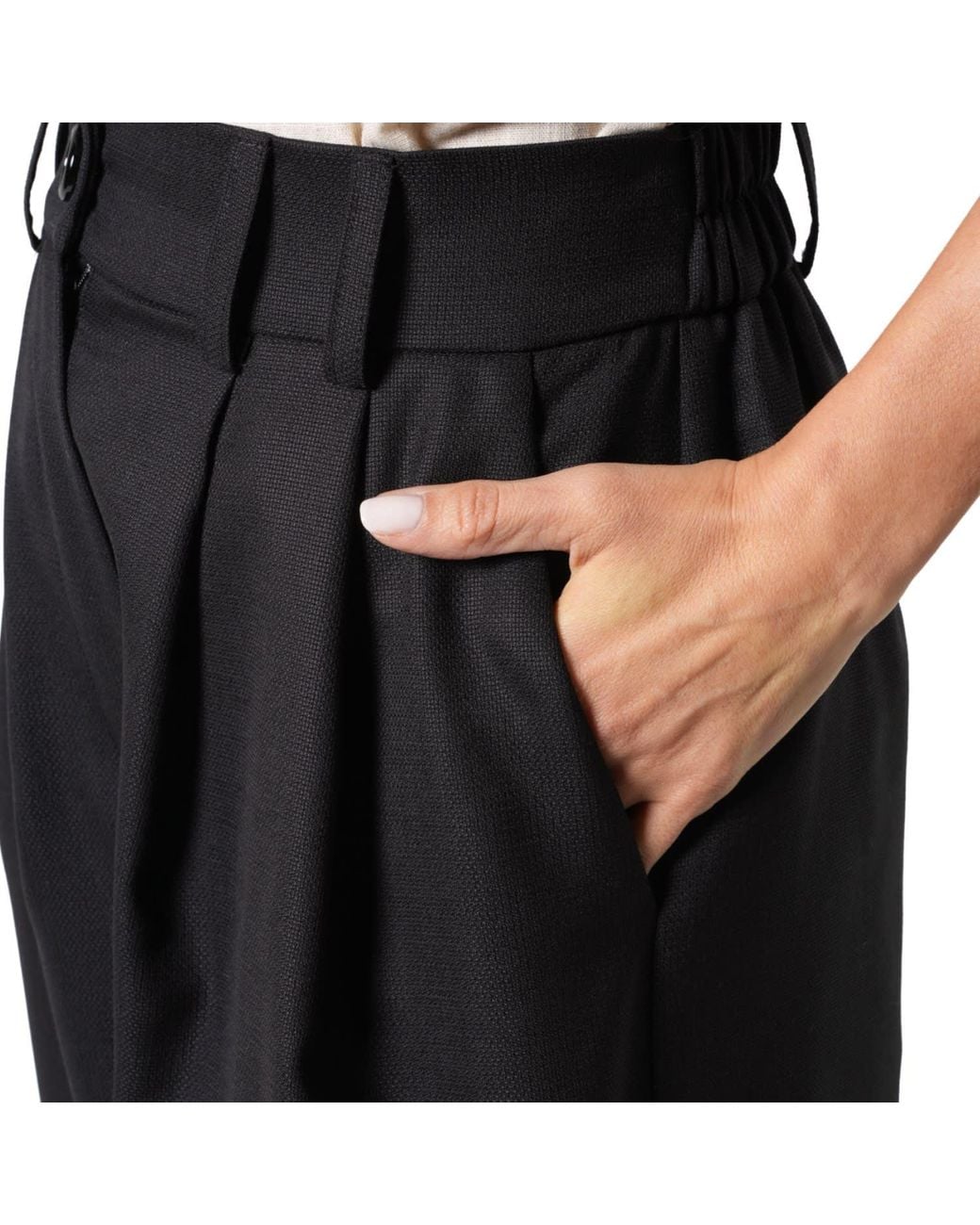 Metamorph Black High-Waisted Wool Trousers With Ruched Side Details