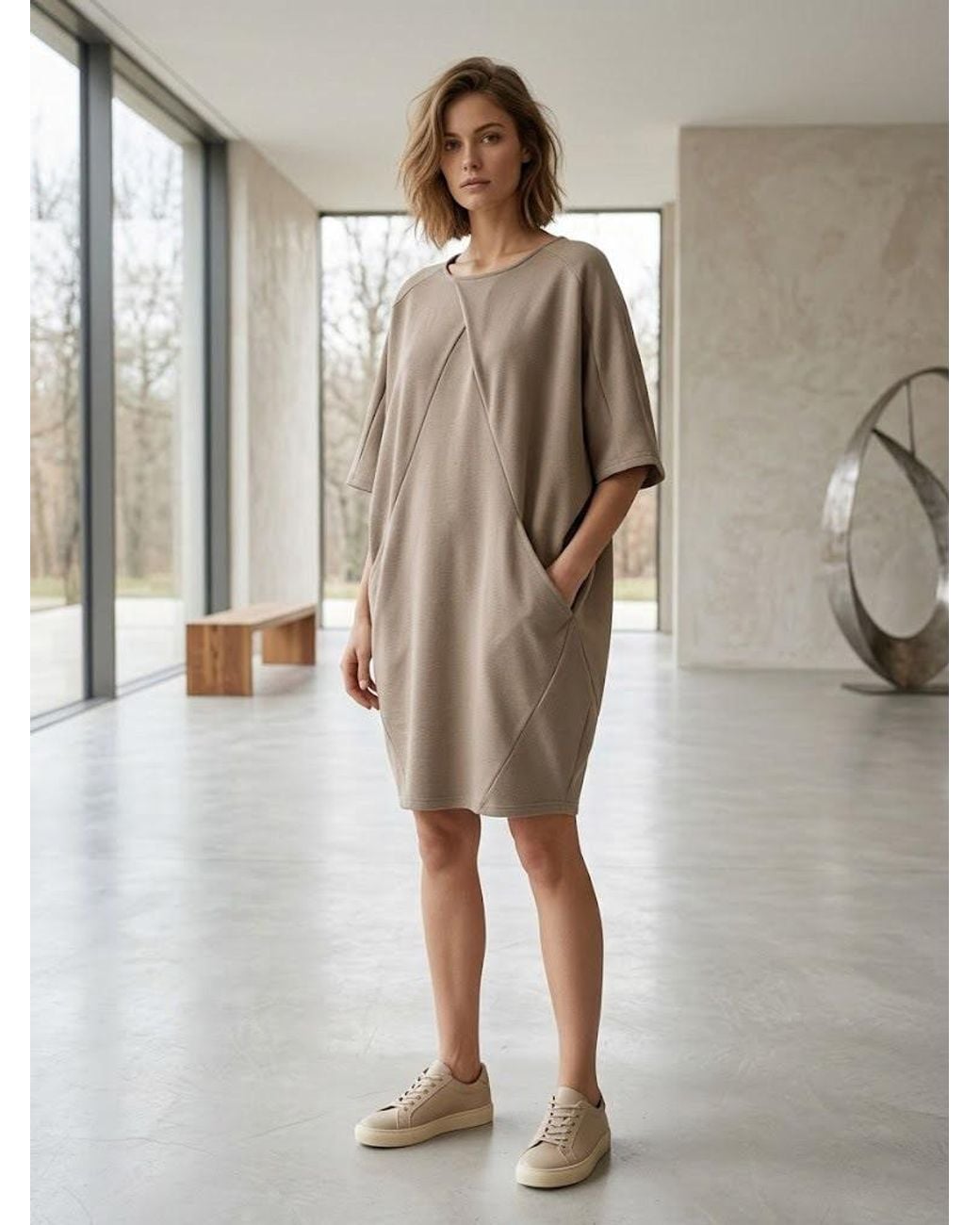 Conquista Natural Camel Cocoon Dress With Front Drape Detail