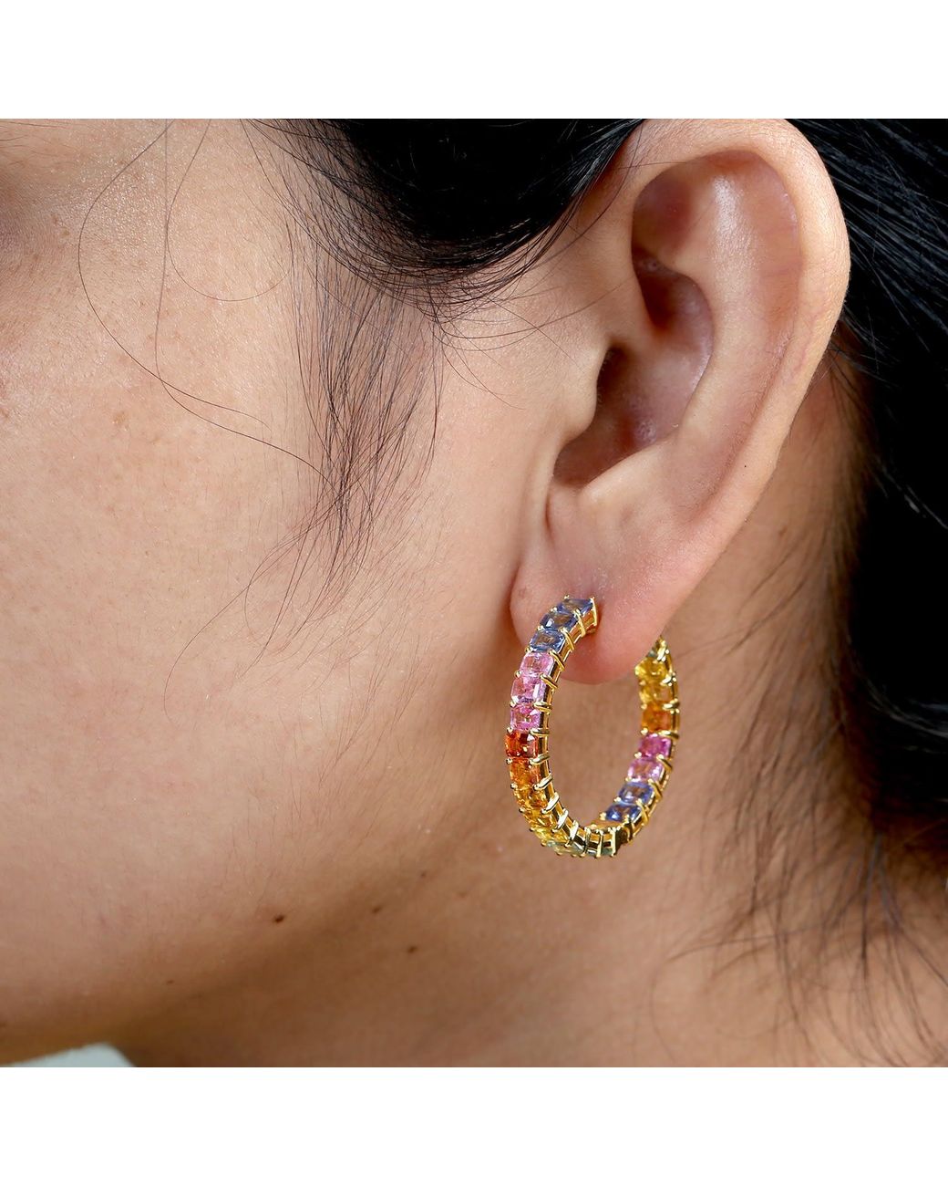 Artisan Metallic Multi Color Sapphire Gemstone Hoop Earrings