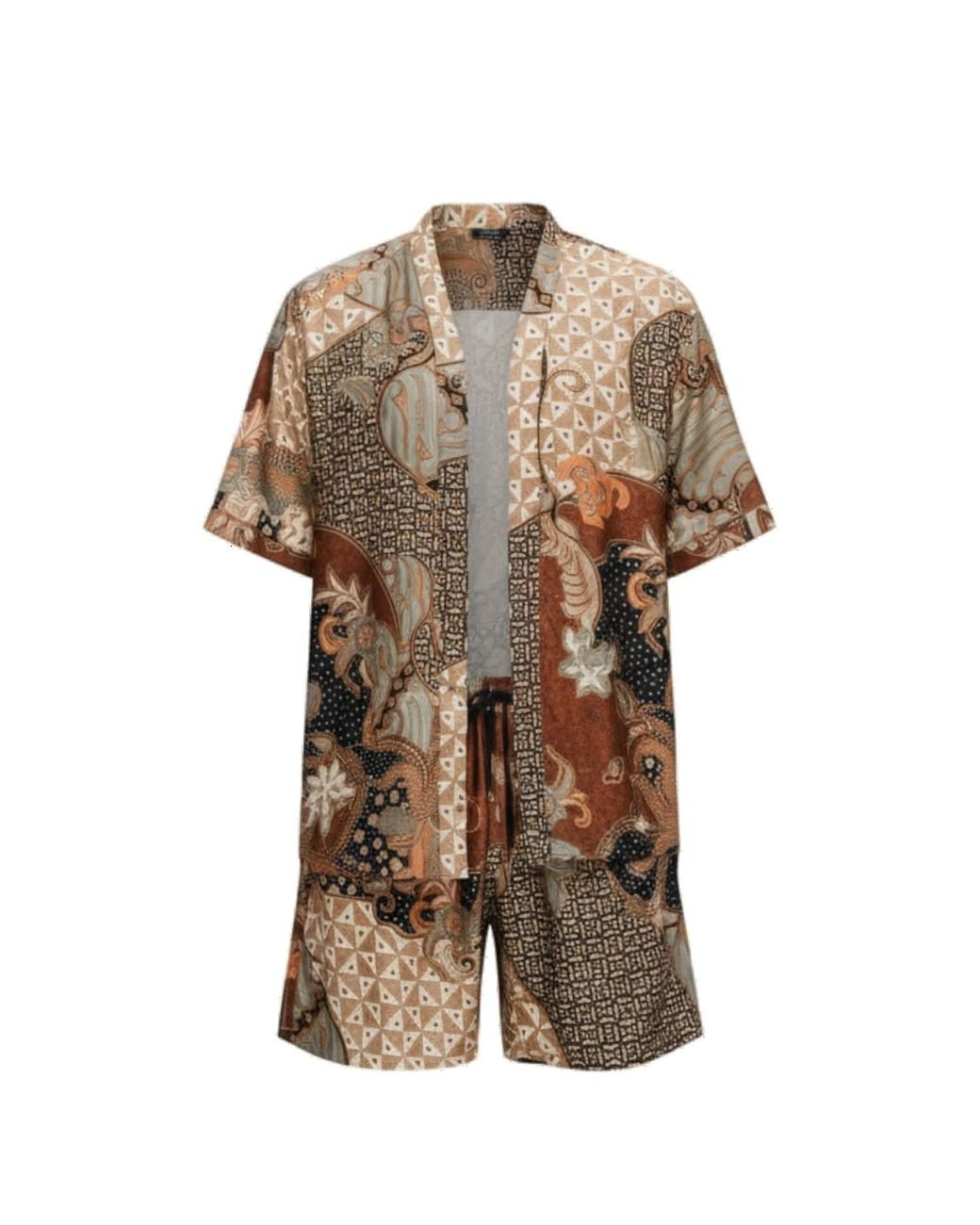 ORIGIN OF HEARTS Brown Neutrals Enari Relaxed Resort Satin Kimono Set for men