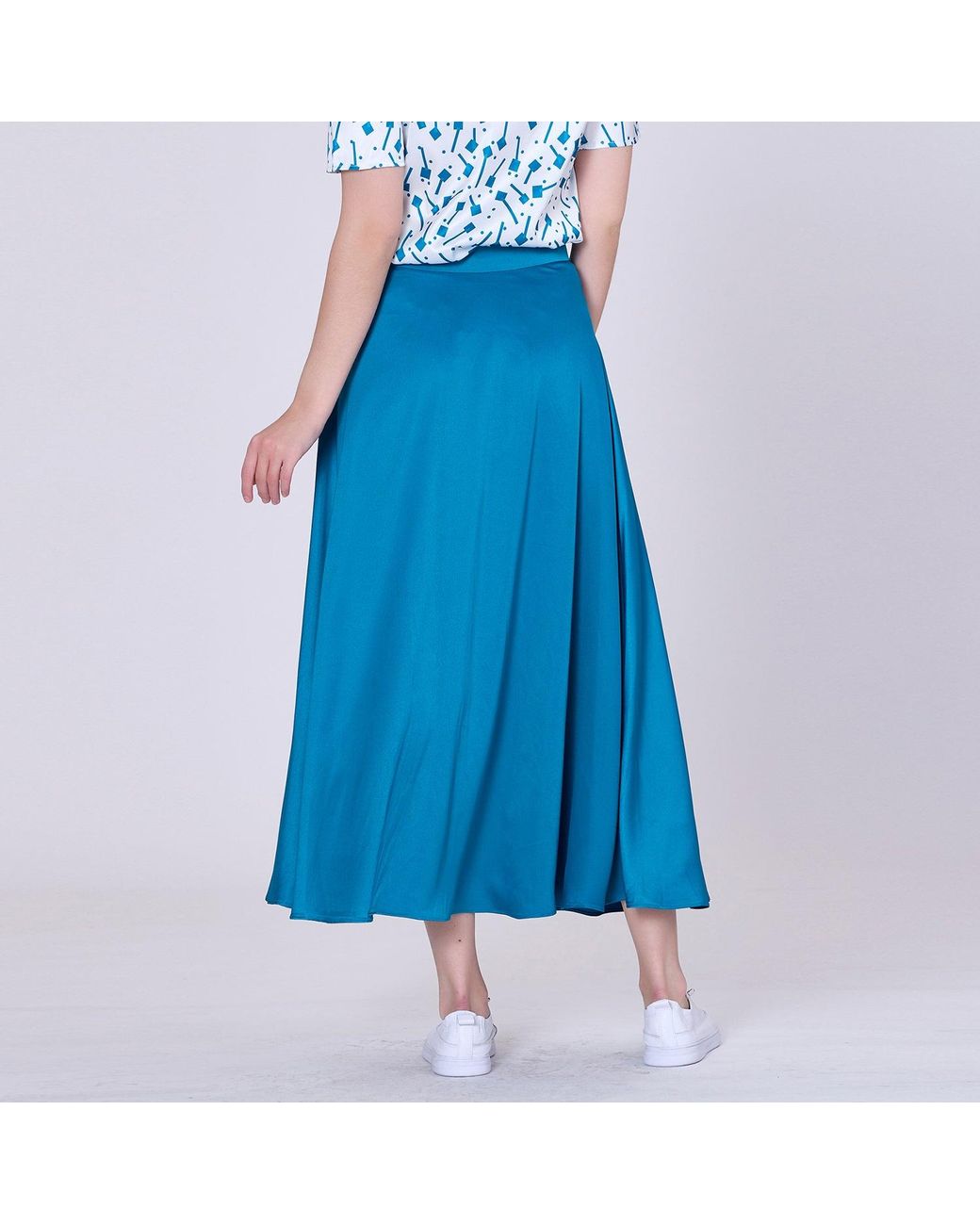 Smart and Joy Blue Flared Midi Satin Skirt