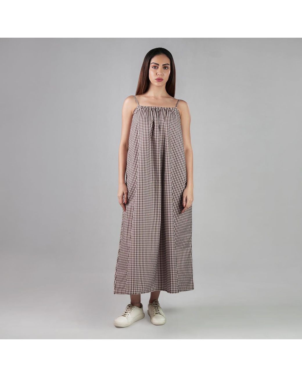 DHARA SHETH DUBAI Brown The New Classic Gingham Spaghetti Strap Maxi Dress