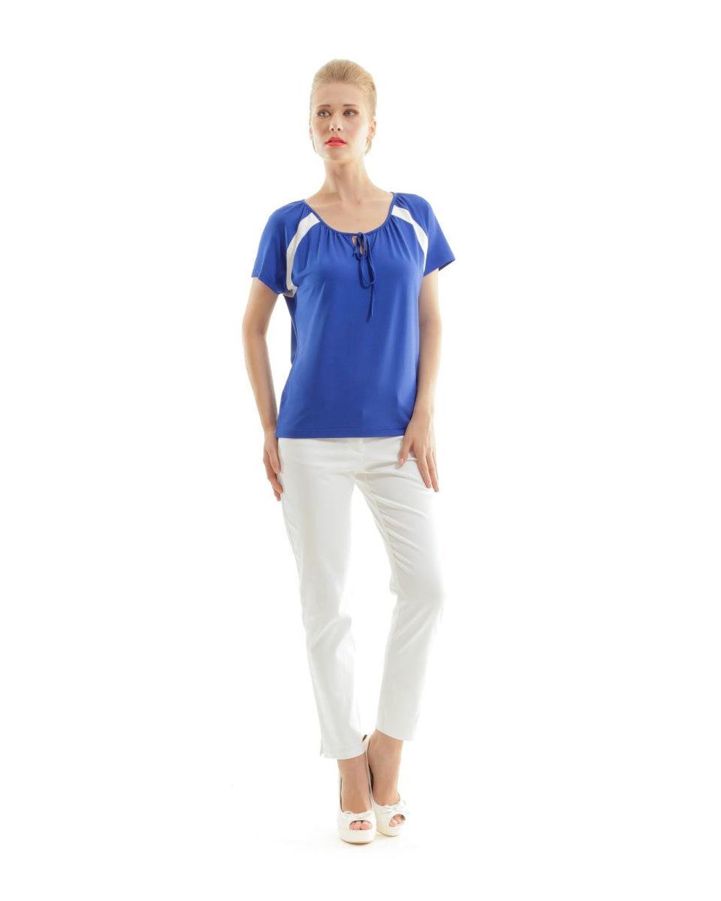 Conquista Blue Contrast Panel Tie-Detail Top With Short Sleeves