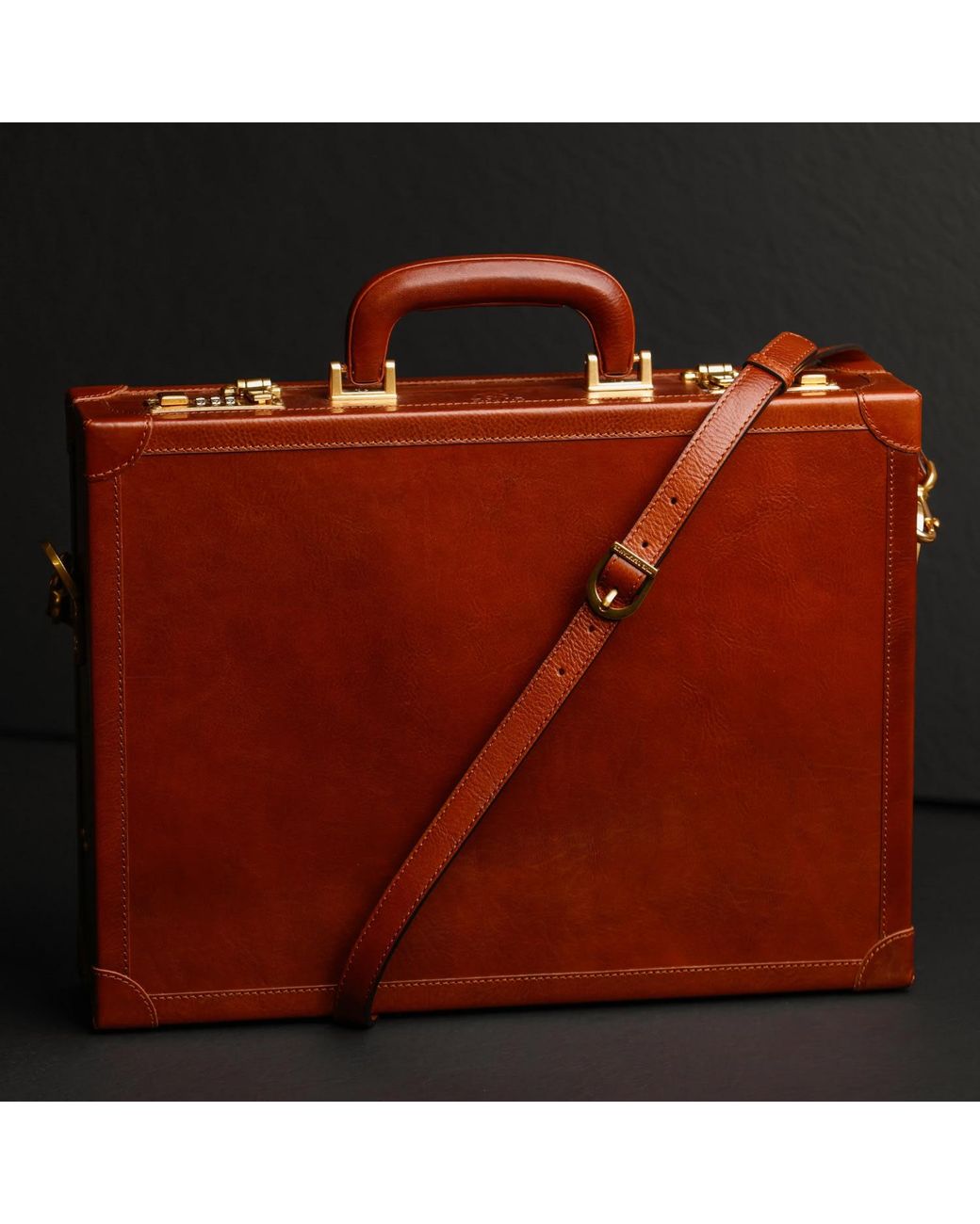 Time Resistance Brown Cognac Leather Attaché Case Briefcase for men