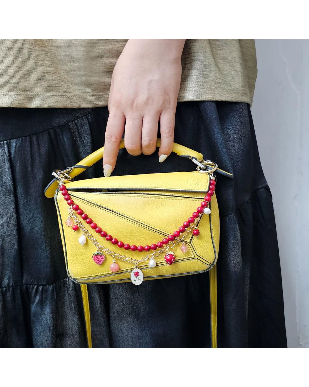 Farra Red Bamboo Coral With Strawberry And Rose Double Layers Chain Bag Charm