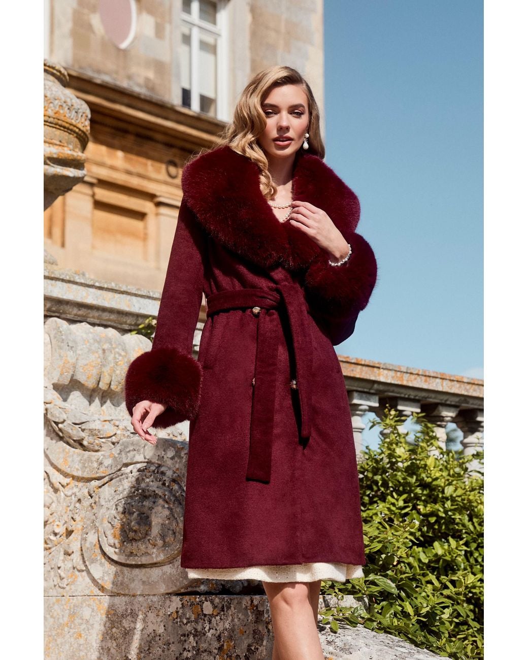 Santinni Red Luxurious Cashmere-Wool Coat With Faux Fur
