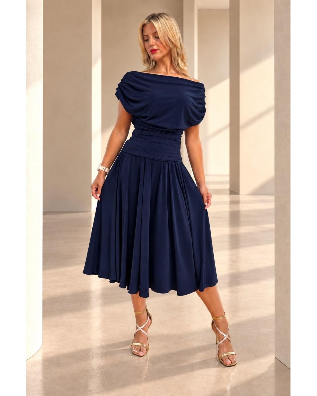 Atom Label Blue Carbon Bardot Tea Regular Length Dress