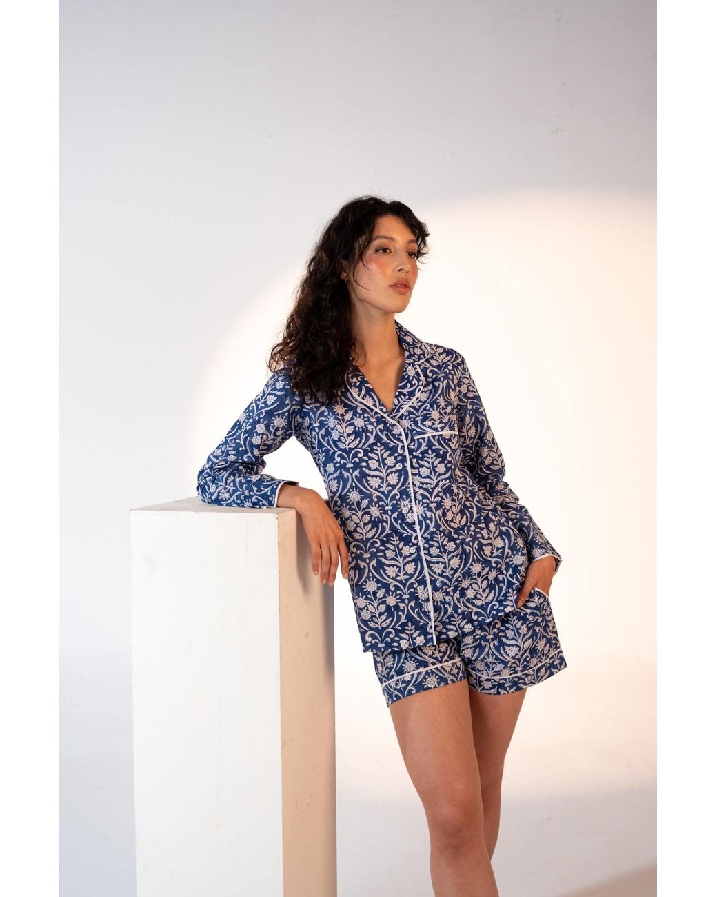 Carolina Benoit Blue Midnight Vine Block Print Short Pajama