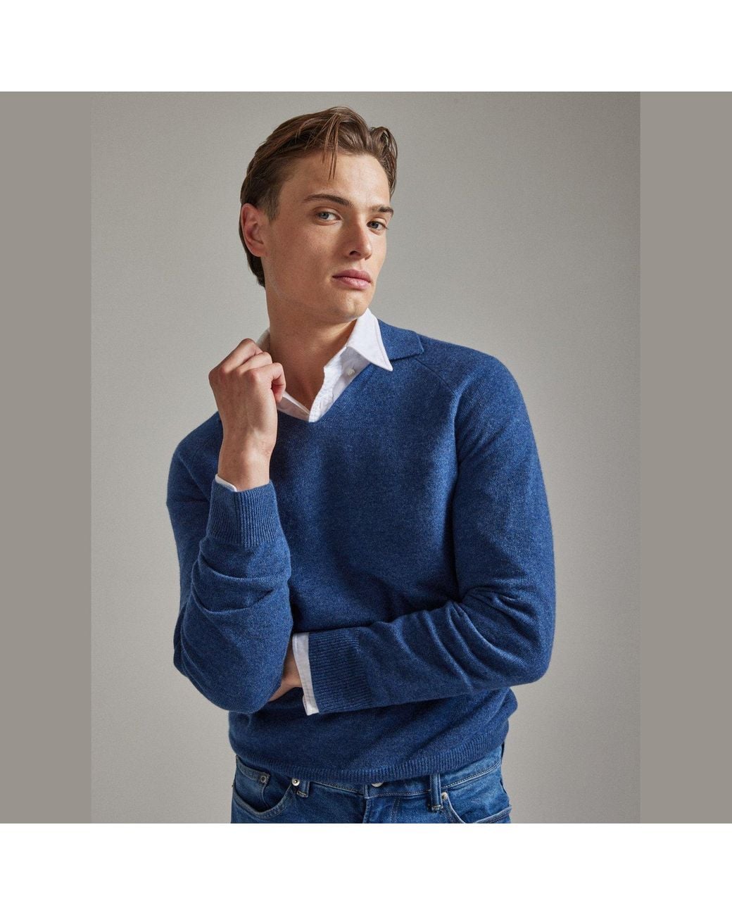 Salts Cashmere Blue Split Neck Polo Sweater