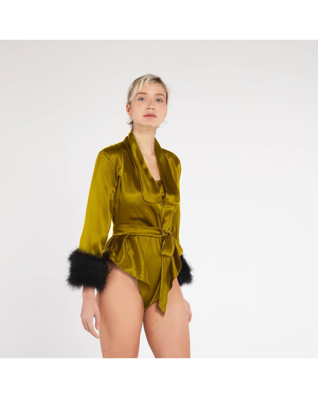 Maguy De Chadirac Yellow Silk And Faux Fur Cropped Jacket