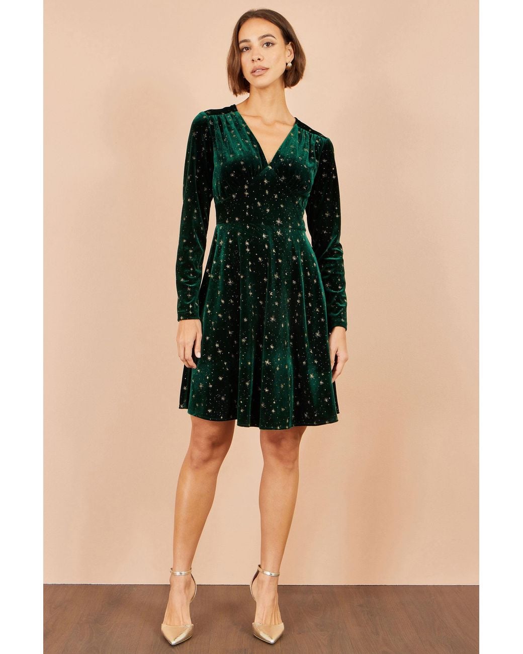 Yumi' Green Velvet Skater Dress With Foil Star Print