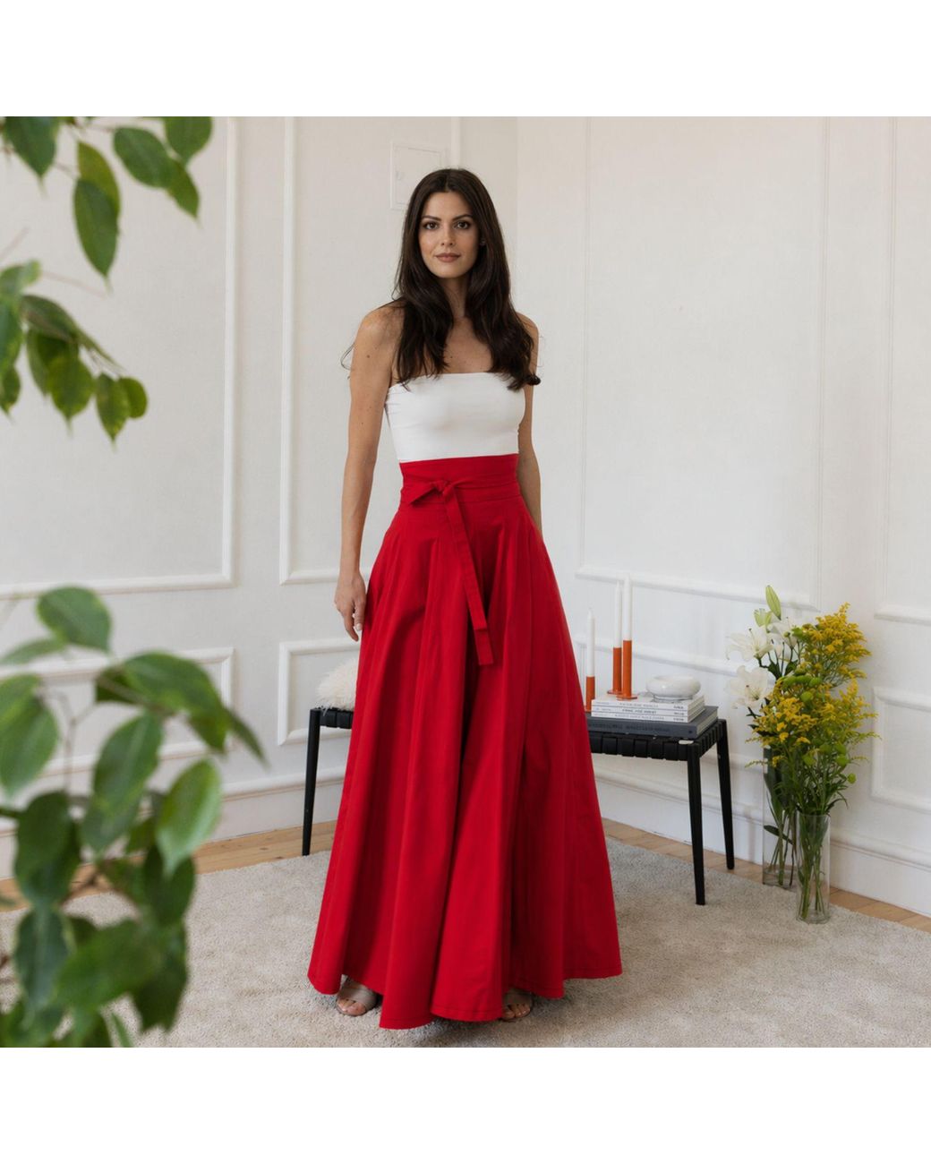 Nikka Place Red Long Cotton High Waist Skirt
