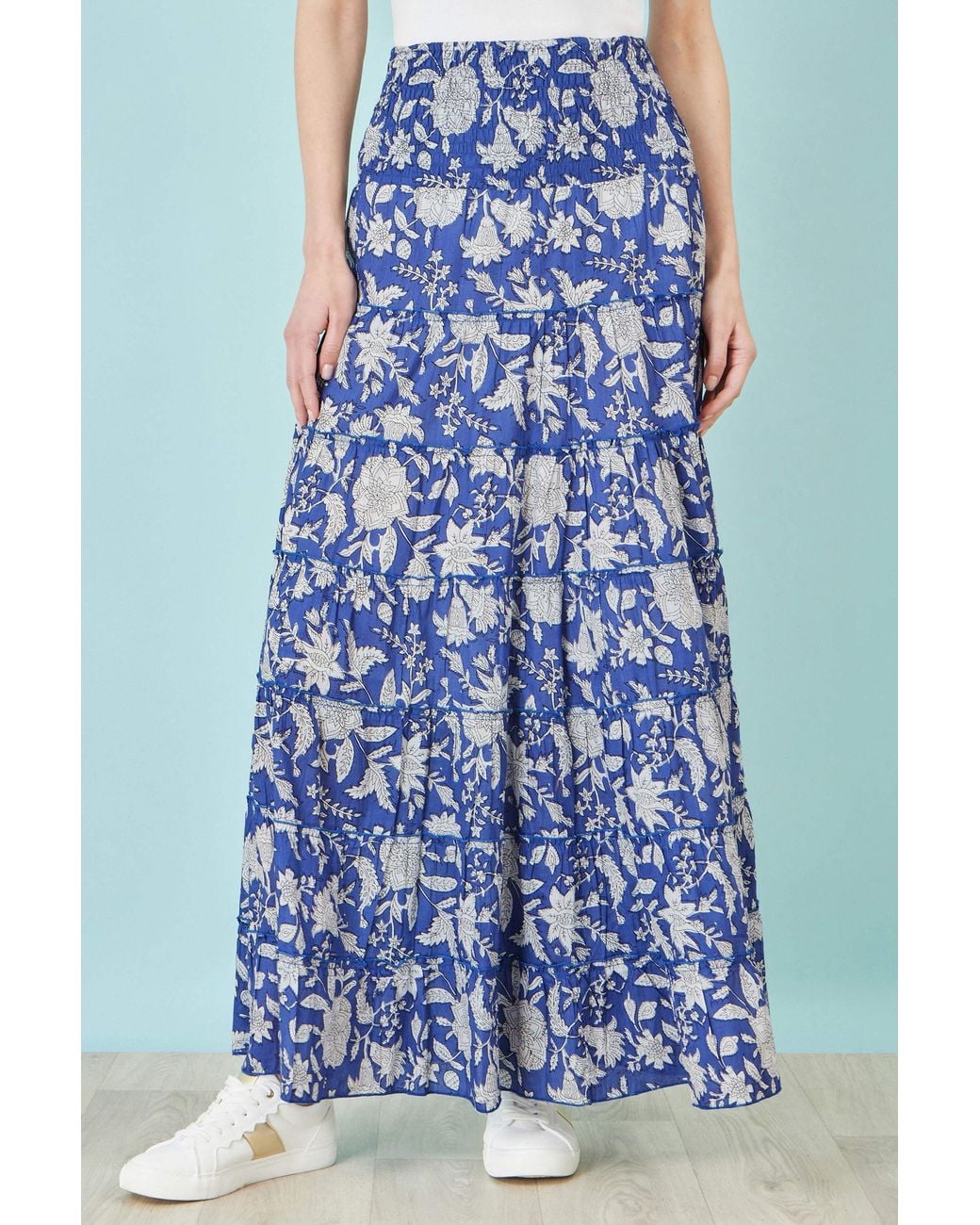 Yumi' Blue Floral Cotton Tiered Maxi Skirt