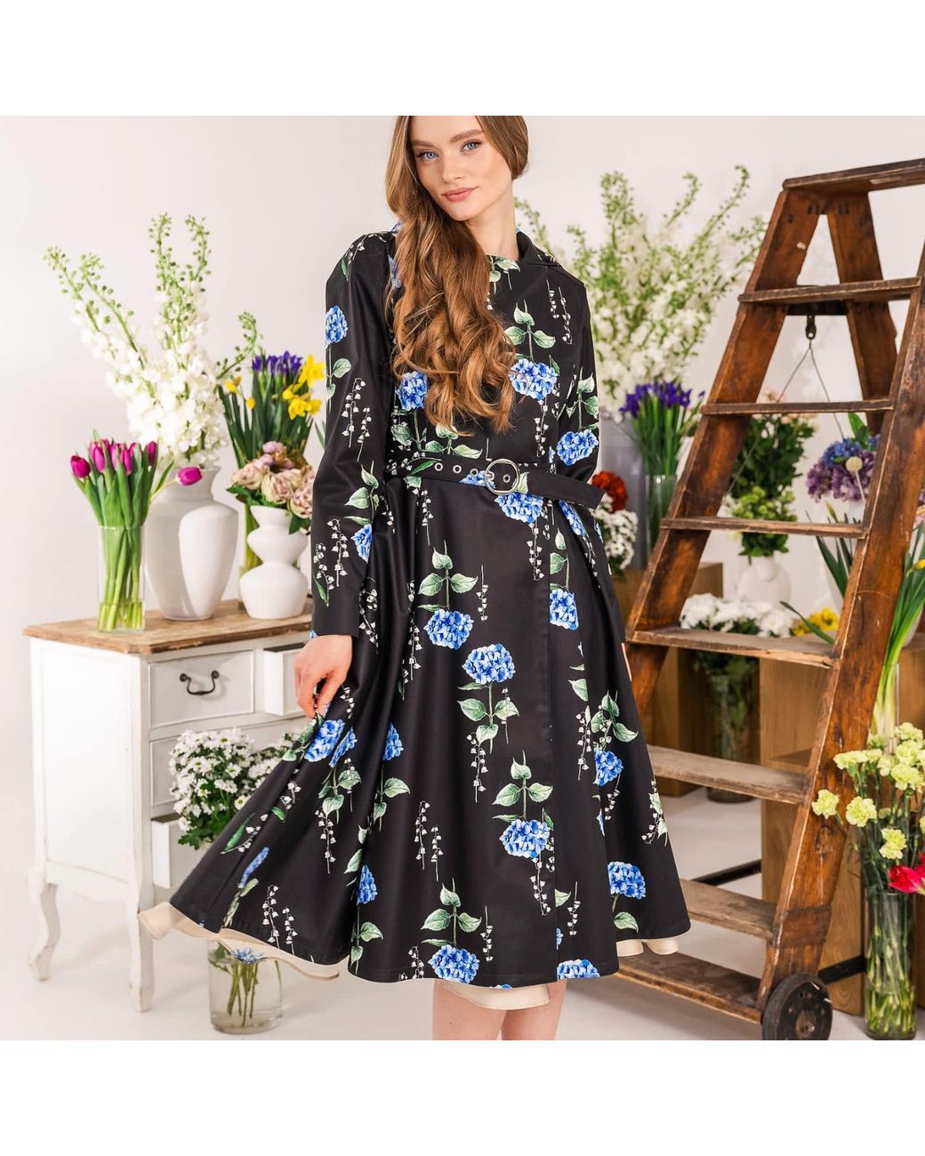 RainSisters Black Floral Trench Coat: Flower Moon