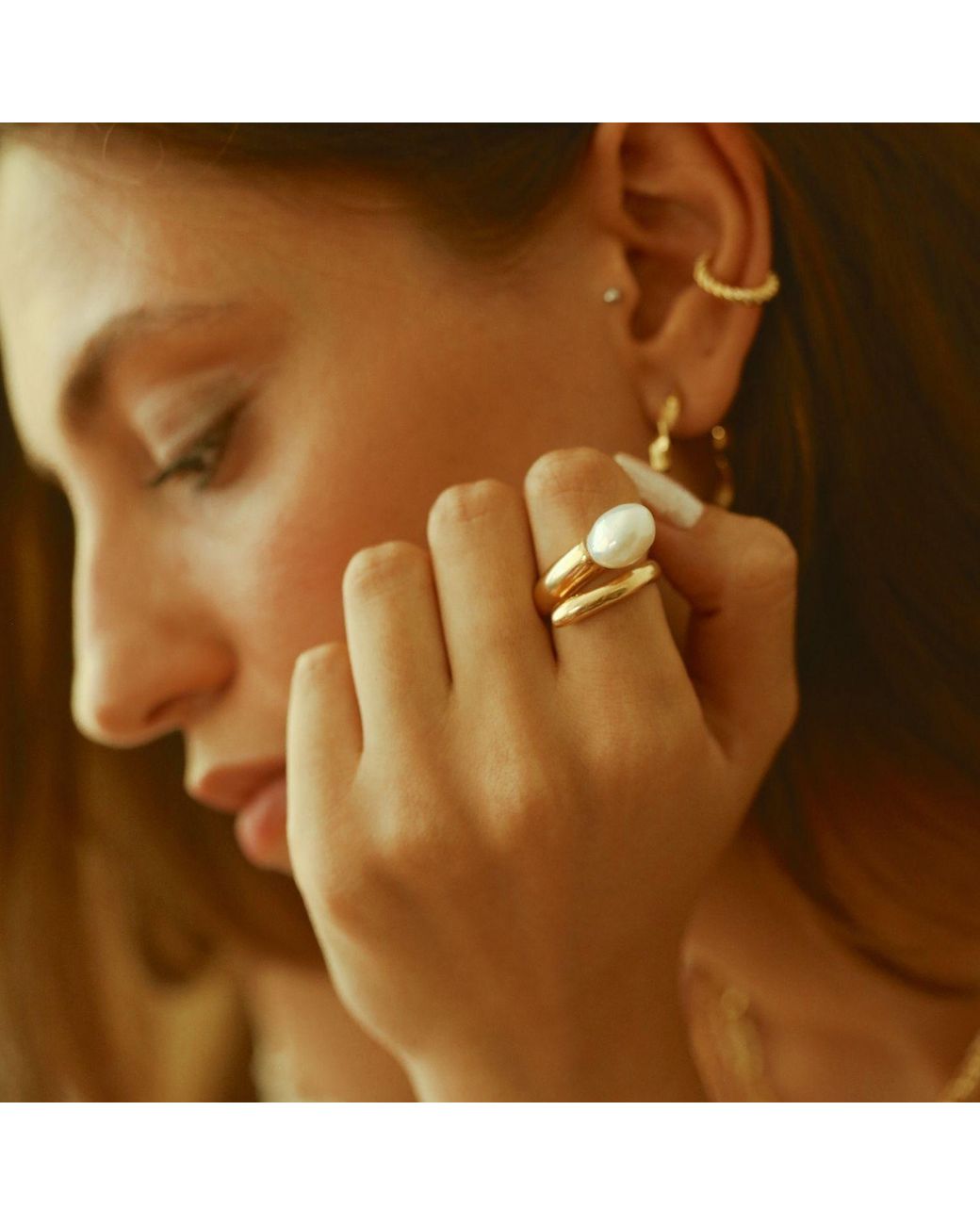 LINYA JEWELLERY Metallic Baroque Pearl Adjustable Ring