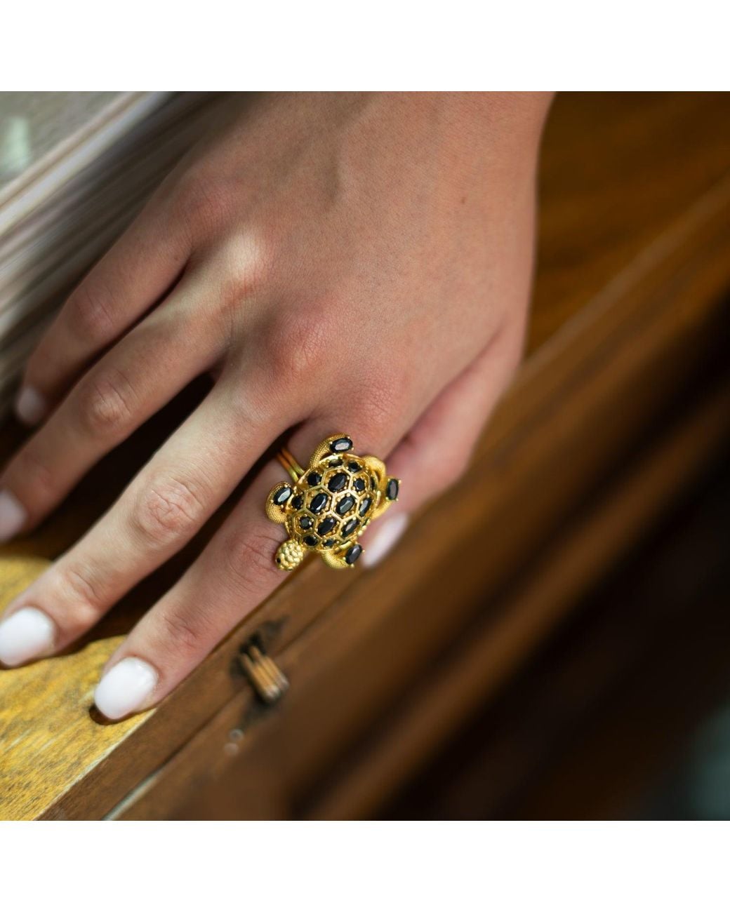 Ebru Jewelry Metallic Protective Turtle Onyx & Chunky Adjustable Ring