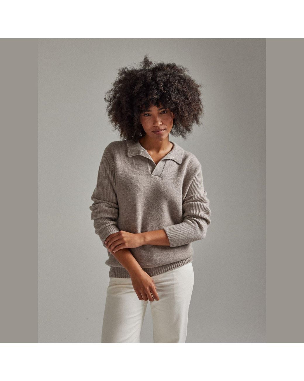 Salts Cashmere Gray Neutrals Polo Sweater With Fishermens Rib Detailing
