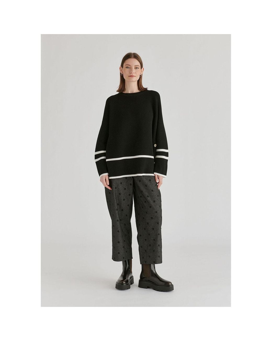 Paisie Black Striped Details Ribbed Jumper With Side Buttons