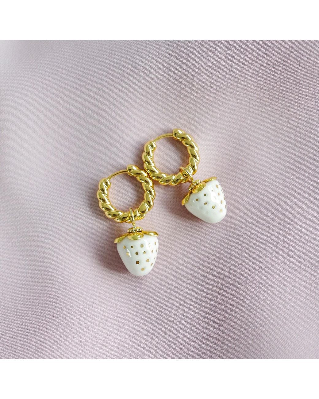 POPORCELAIN Metallic Mini Porcelain Strawberry Hoop Earrings