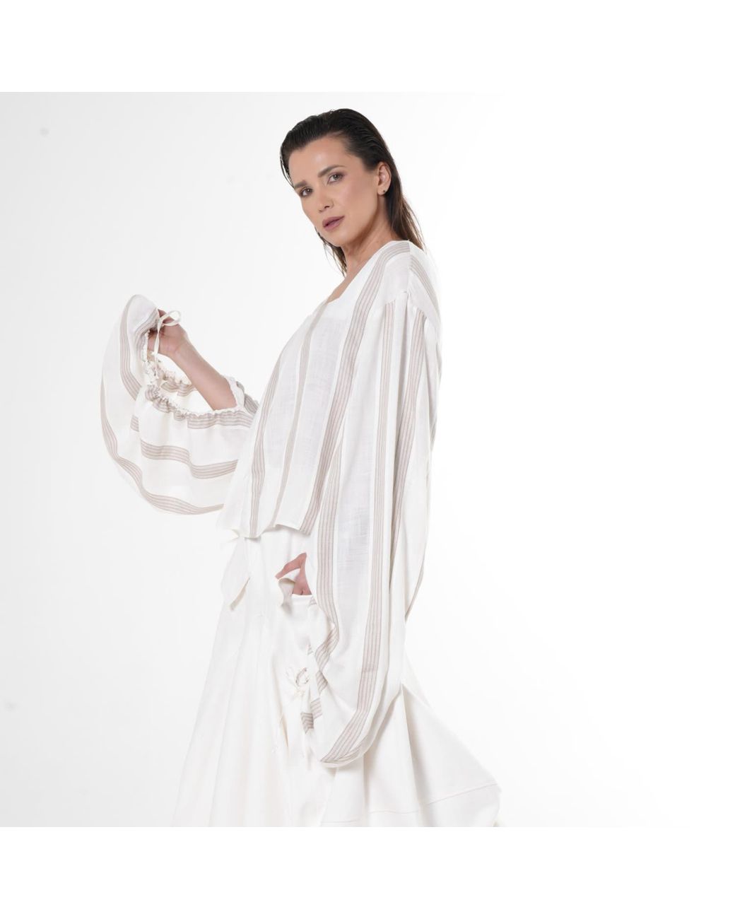 Metamorph White Neutrals Striped Top With Oversize Sleeves