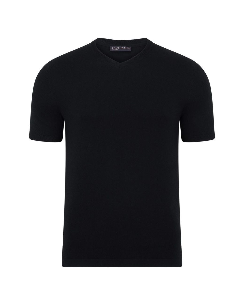Paul James Knitwear Black Ultra Fine Cotton Hudsonn High V Neck Knitted T-Shirt for men