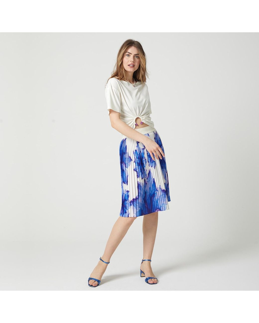 Lalipop Design Blue Floral-Print Elasticated-Waist Pleated Recycled Fabric Midi Skirt