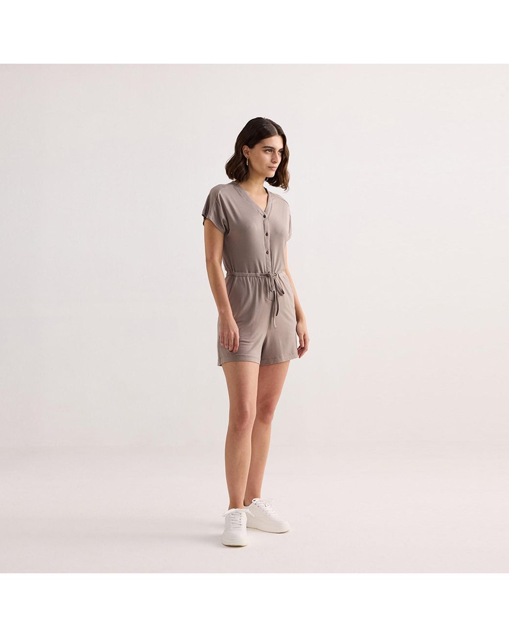 REISTOR Brown V Neck Drawstring Knit Romper