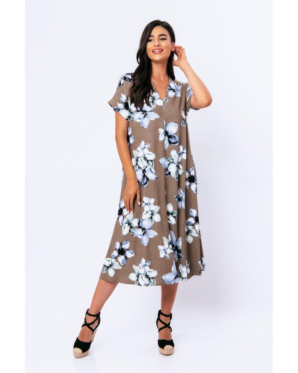 Conquista Blue Linen Style Floral Print Midi Dress With Belt