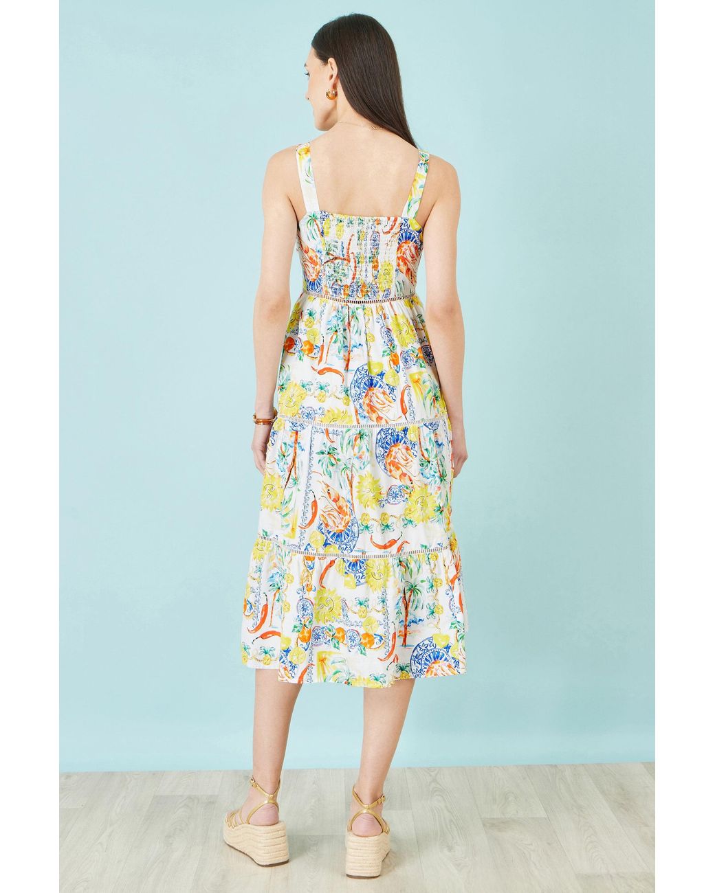 Yumi' White Mediterranean Print Cotton Midi Sun Dress