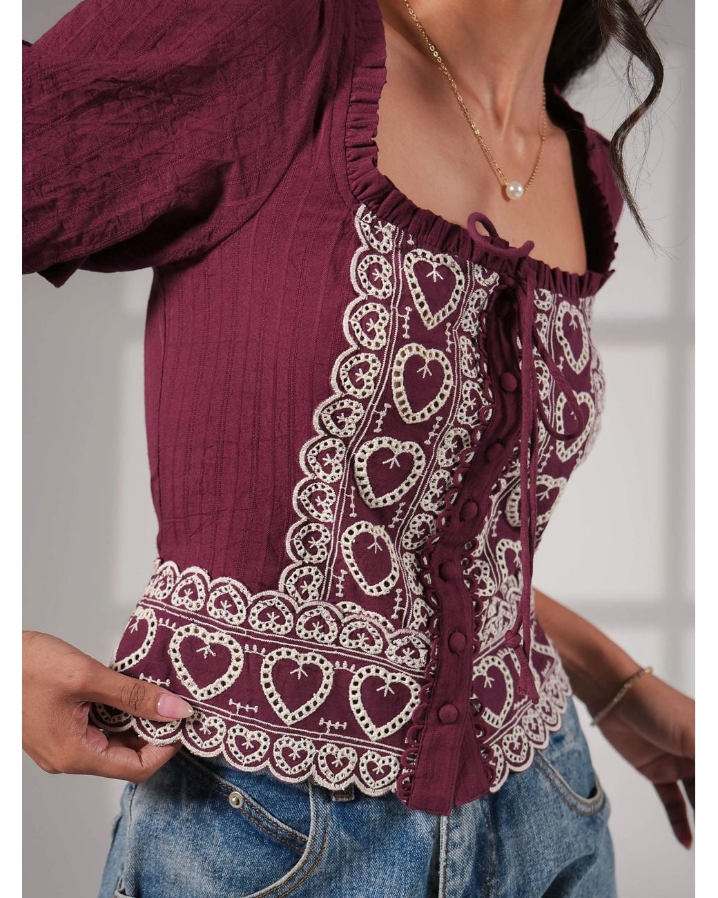 Rose & Nancy Red Harri Heart Burgundy Short Sleeve Top